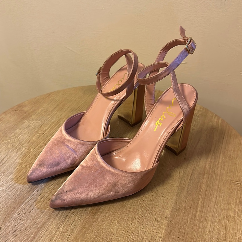 [Lulu’s] Rose Gold Satin Pointed-Toe Ankle Strap Block Heels - Size 6.5